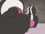  4:3 anthro anthrofied bed big_butt black_body black_fur breasts butt clothed clothing curvy_figure digital_media_(artwork) dreamworks female fluffy fluffy_tail fur furniture mammal mephitid over_the_hedge oystercatcher7 panties simple_background skunk solo stella_(over_the_hedge) thick_thighs underwear wide_hips 