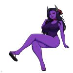  1:1 big_breasts black_hair breasts cleavage clothed clothing crossed_legs female hair hi_res horn horned_humanoid humanoid humanoid_pointy_ears not_furry one-piece_swimsuit purple_body simple_background swimwear white_background zetaskully 