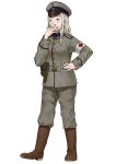  1girl absurdres anyan_(jooho) armband belt blue_eyes boots brown_footwear buttons cigarette full_body grey_hair grey_headwear grey_jacket hand_on_hip hat highres holster jacket long_hair long_sleeves military military_uniform original peaked_cap red_cross simple_background smoking solo standing uniform white_background world_war_i 