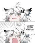  2019 accessory ambiguous_gender angry angry_noises animal_humanoid arknights canid canid_humanoid cute_fangs deathalice female_(lore) grey_eyes hair hair_accessory hairclip humanoid lappland_(arknights) mammal mammal_humanoid meme open_mouth simple_background solo white_background white_hair 