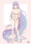  1girl absurdly_long_hair absurdres bikini blush braid breasts clam_shell commission commissioner_upload embarrassed fire_emblem fire_emblem:_the_binding_blade fire_emblem_heroes halterneck highres large_breasts long_hair looking_at_viewer meisaki midriff navel purple_eyes purple_hair shell shell_bikini signature solo sophia_(fire_emblem) swimsuit very_long_hair 