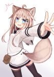  1girl :d ahoge animal_ear_fluff animal_ears black_legwear blue_eyes commentary fang hair_ornament hairclip highres hood hood_down hoodie light_brown_hair long_hair long_sleeves looking_at_viewer looking_back open_mouth original pouch reitou_mikan smile tail tail_raised thighhighs 