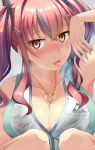  1girl :p armpits azur_lane bangs bare_shoulders black_bra blush bra breasts bremerton_(azur_lane) bremerton_(scorching-hot_training)_(azur_lane) cleavage collarbone collared_shirt commentary_request crop_top crossed_bangs eyebrows_visible_through_hair grey_hair hair_between_eyes hair_intakes hair_ornament hairclip hand_up head_tilt heart heart_necklace highres kapibara_(mc0314) large_breasts long_hair looking_at_viewer mole mole_under_eye multicolored_hair nail_polish nose_blush pink_eyes pink_hair pink_nails see-through shirt sidelocks simple_background sleeveless sleeveless_shirt solo sportswear squatting streaked_hair sweat tennis_uniform tongue tongue_out twintails two-tone_hair two-tone_shirt underwear upper_body wet wet_clothes white_shirt x_hair_ornament 
