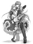  1boy 1girl alternate_costume apron arm_around_neck arm_around_waist chidori_kaname collared_shirt couple dress dress_shirt enmaided floating_hair frilled_dress frills full_body full_metal_panic! futomashi greyscale gun highres holding holding_gun holding_weapon holster long_dress long_hair long_sleeves maid maid_headdress monochrome open_mouth pants sagara_sousuke shiny shiny_hair shirt simple_background sketch standing standing_on_one_leg sweatdrop thigh_holster thighhighs very_long_hair vest weapon white_background wing_collar 