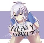  1girl altronage bent_over breast_grab breasts commission copyright_name english_commentary frolaytia_capistrano grabbing hair_bun heavy_object highres lactation lactation_through_clothes large_breasts long_hair mega_milk meme_attire nipples purple_eyes shirt short_shorts shorts silver_hair solo t-shirt v-shaped_eyebrows wet wet_clothes wet_shirt 