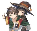  1boy 1girl bangs black_hair blunt_bangs brown_hair carrying fingerless_gloves gloves green_eyes hat highres kono_subarashii_sekai_ni_shukufuku_wo! looking_at_viewer megumin piggyback ranf red_eyes satou_kazuma short_hair simple_background tassel thumbs_up white_background wizard_hat 