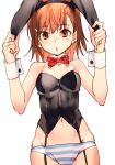  1girl :o animal_ears bangs bare_shoulders black_hairband black_leotard blush bow bowtie breasts brown_eyes brown_hair bunny_ears collar collarbone commentary_request detached_collar eyebrows_visible_through_hair fake_animal_ears garter_straps groin hairband hands_up holding_ears leotard misaka_imouto navel panties parted_lips raika9 red_neckwear simple_background small_breasts solo striped striped_panties to_aru_kagaku_no_railgun to_aru_majutsu_no_index underwear white_background white_collar wrist_cuffs 