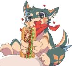  bl_s21 canid canine canis censored domestic_dog duo food food_fetish food_play izuna_(shin.) male male/male mammal sandwich_(food) shin. simple_background subway_(restaurant) 