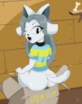  absurd_res anthro big_butt butt cardboard_box collar female grey_hair hair hi_res looking_back lost_lynx solo striped_shirt tem temmie_(undertale) undertale video_games white_body 