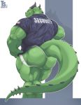  2019 absurd_res anthro barazoku big_butt big_muscles butt butt_focus clothing dragon hamstrings hi_res horn jockstrap looking_at_viewer looking_back low-angle_view male muscular muscular_anthro muscular_male quads rear_view reptile scalie shirt simple_background smile smirk solo standing text text_on_clothing thick_thighs topwear tylerstark underwear varanis_blackclaw 