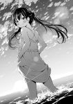  1girl absurdres airandou blush closed_mouth cloud dress greyscale highres long_hair looking_at_viewer monochrome ocean original partially_submerged pussy_juice sky sleeveless sleeveless_dress smile solo standing sun sunset sweat twintails water 