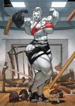  2_tails anthro areola barbell big_breasts breasts clothed clothing destruction detailed_background dumbbell felid female gym hair hi_res kincade lion mammal multi_tail muscular muscular_female nipples pantherine pose r2roh scar solo torn_clothing weights white_body white_hair 