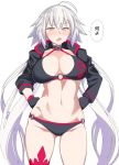  1girl ahoge bangs bikini black_bikini black_choker black_gloves black_jacket blush breasts choker cleavage collarbone cropped_jacket fate/grand_order fate_(series) gloves hands_on_hips jacket jeanne_d&#039;arc_(alter_swimsuit_berserker) jeanne_d&#039;arc_(fate)_(all) kikunosukemaru large_breasts long_hair long_sleeves looking_at_viewer navel o-ring open_mouth red_legwear shrug_(clothing) silver_hair simple_background single_thighhigh speech_bubble swimsuit thighhighs thighs translation_request very_long_hair white_background yellow_eyes 