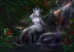  2020 anthro areola breasts day detailed_background digital_media_(artwork) dragon female grass hi_res jungle kuroi-kisin nipples nude outside scales solo waterfall white_body white_scales wingless_dragon 