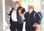  2020 anthro belly bottomwear brown_body brown_fur canid canine canis clothing domestic_dog duo food fur humanoid_hands kemono male male/male mammal outside overweight overweight_male pants ryuta-h shirt tongue tongue_out topwear ursid 