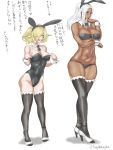  2girls animal_ears arm_under_breasts bare_shoulders blonde_hair blue_eyes bow bowtie breasts bunny_ears bunnysuit celica_(xenoblade_x) cleavage dark_skin detached_collar elma_(xenoblade_x) facial_mark fake_animal_ears full_body hair_over_one_eye high_heels highres large_breasts long_hair medium_breasts multiple_girls navel open_mouth pointy_ears simple_background standing thighhighs twitter_username uya_(yurukah) white_background white_hair wrist_cuffs xenoblade_(series) xenoblade_x 