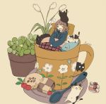  156m 1girl animal_on_head black_cat blanket blue_hoodie brown_hair cat commentary_request cup drawstring fish flower food fruit highres hood hoodie medium_hair mug on_head open_mouth original paw_print pillow plant potted_plant saucer shoes_removed sleeping spoon 