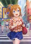  4girls 6+girls bag blue_eyes blue_skirt facing_viewer highres kousaka_honoka looking_at_viewer love_live! love_live!_sunshine!! multiple_girls multiple_views nishikino_maki&#039;s_mother reference_work road running shamakho short_sleeves skirt street takami_chika watanabe_you 