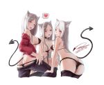  3girls animal_ears ass bangs bare_shoulders black_bra black_collar black_legwear black_panties black_pants blush bra breast_grab breasts cat_ears cerberus_(helltaker) chain chained cleavage collar commentary_request covered_nipples dated demon_girl demon_tail dog_ears dog_girl from_behind grabbing grey_hair hand_on_another&#039;s_leg heart helltaker highres janload1ng large_breasts leaning_forward long_hair looking_at_viewer looking_back multiple_girls off_shoulder open_bra open_mouth panties pants panty_pull parted_bangs red_eyes red_shirt shirt siblings signature silver_hair simple_background sisters smile spoken_heart tail tongue tongue_out triplets underwear undressing white_background yuri 