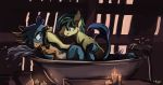  avian bathing blue_body blue_eyes blue_feathers candle duo equid equine feathers feral fur gallus_(mlp) gryphon hasbro hi_res horse kam male mammal my_little_pony mythological_avian mythology playful pony sandbar_(mlp) tan_body tan_fur 