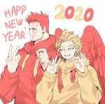  2020 2boys ? beard blonde_hair blue_eyes boku_no_hero_academia deavor_lover facial_hair feathered_wings feathers happy_new_year hawks_(boku_no_hero_academia) hood hoodie looking_at_another male_focus manly multiple_boys mustache new_year red_hair scar spiked_hair todoroki_enji upper_body wings 