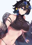  1girl ahoge arm_strap azur_lane bangs bare_shoulders bikini black_bikini black_choker black_hair blue_eyes blue_wristband breasts choker collarbone commentary_request cowboy_shot earrings eyebrows_visible_through_hair eyewear_on_head georgia_(azur_lane) georgia_(lanier_swan)_(azur_lane) hair_between_eyes hair_ornament heterochromia highres jewelry large_breasts long_hair looking_at_viewer marshall_k midriff navel ribbon short_hair_with_long_locks sidelocks simple_background smile solo standing star-shaped_eyewear star_(symbol) star_earrings sunglasses swimsuit tankini underboob wristband yellow_eyes 