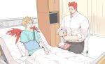  2boys alternate_costume bandages beard bed blonde_hair blue_eyes boku_no_hero_academia chest couple deavor_lover facial_hair feathered_wings feathers hawks_(boku_no_hero_academia) hospital_bed hospital_gown injury male_focus manly multiple_boys mustache red_hair scar spiked_hair todoroki_enji upper_body wings 