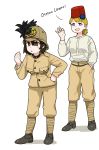  2girls :d :o absurdres anyan_(jooho) black_footwear blonde_hair blue_eyes breasts brown_eyes brown_hair brown_headwear brown_jacket brown_pants buttons fez_hat full_body hand_in_pocket hand_on_hip hat helmet highres italian_text jacket leaning_forward leg_wrap long_sleeves looking_at_viewer medium_breasts medium_hair military military_uniform multiple_girls ok_sign open_mouth original pants pith_helmet ponytail red_headwear shirt short_hair simple_background smile standing translated uniform white_background white_shirt world_war_i 