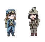  2girls :d anyan_(jooho) backpack bag belt belt_pouch black_footwear black_hair blue_coat blue_eyes blue_headwear blue_pants boots brown_eyes brown_footwear brown_hair buttons chibi coat flower full_body goggles goggles_on_headwear grey_headwear grey_jacket grey_pants hand_on_hip hat hat_flower helmet highres jacket kepi long_sleeves medium_hair military military_uniform multiple_girls o3o open_mouth original pants pouch shoes simple_background smile standing uniform w_arms white_background world_war_i 