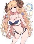  1girl ahoge anila_(granblue_fantasy) animal bangs bare_arms bare_shoulders bikini black_bikini blonde_hair blue_flower blunt_bangs blush breasts brown_eyes brown_flower cleavage closed_mouth collarbone commentary_request curled_horns eyebrows_visible_through_hair flower granblue_fantasy green_flower hair_flower hair_ornament hand_on_own_chest hand_up horns innertube large_breasts layered_bikini long_hair looking_at_viewer navel sheep sheep_horns short_eyebrows simple_background smile solo standing swimsuit thick_eyebrows venomrobo very_long_hair white_background white_bikini 