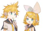  1boy 1girl absurdres aqua_eyes bangs bare_shoulders bass_clef black_collar blonde_hair bow bubble_tea chibi collar commentary cup disposable_cup drink drinking_straw hair_bow hair_ornament hairclip headphones highres holding holding_cup holding_drink kagamine_len kagamine_rin looking_at_another neckerchief necktie note55885 open_mouth raised_eyebrow sailor_collar school_uniform shirt short_hair short_ponytail short_sleeves shoulder_tattoo sleeveless sleeveless_shirt smile spiked_hair swept_bangs tattoo treble_clef upper_body vocaloid white_background white_bow white_shirt yellow_neckwear 