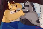  3:2 anthro asian_mythology bearmudart bed bedding blanket brown_hair clothed clothing dave_(password) detailed_background dragon duo east_asian_mythology eastern_dragon eyes_closed fur furniture grey_body grey_fur hair hand_on_face hi_res horn humanoid_hands hyaenid jewelry looking_at_another looking_at_partner lying male mammal mythology necklace on_back on_bed on_side orlando_(password) password_(grizz) pillow sleeping striped_hyena teeth topless yellow_body 