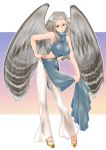  1girl breasts brown_eyes covered_navel feathered_wings full_body glasses grey_hair grey_wings large_breasts pixiv_fantasia pixiv_fantasia_age_of_starlight shaoura_owlill simple_background sleeveless solo standing turtleneck wings yagisaka_seto 