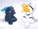  2020 4:3 ahoge anthro black_body black_eyes black_fur blonde_hair blue_eyes blue_horn cute_fangs dragon duo fur furred_dragon hair hand_on_face horn kemono looking_at_another male mouthless portrait ra_tenpu simple_background white_background white_body white_fur 