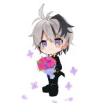  1girl androgynous black_footwear black_pants black_shirt black_suit blush_stickers bouquet chibi commentary flower flower_(vocaloid) formal holding holding_bouquet looking_at_viewer multicolored_hair note55885 pants purple_eyes purple_flower purple_hair red_flower shirt smile solo sparkle streaked_hair suit tulip v_flower_(vocaloid4) vocaloid white_background white_hair 