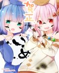  2girls animal_ears blue_dress blue_hair brush_stroke dress fang gurantsu hat highres multiple_girls new_year original paintbrush pink_hair uwu 