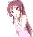  1girl bangs bare_shoulders breasts camisole closed_mouth commentary eyebrows_visible_through_hair finger_to_mouth highres index_finger_raised long_hair looking_at_viewer mesushio ponytail purple_eyes purple_hair purple_shirt shadow shirt simple_background sleeveless sleeveless_shirt small_breasts smile solo spaghetti_strap standing sugiura_ayano upper_body very_long_hair white_background yuru_yuri 