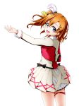  1girl :d bangs black_bow blue_eyes blush bow commentary_request cropped_jacket eyebrows_visible_through_hair hair_between_eyes hair_ornament hairclip highres kousaka_honoka kuena long_sleeves looking_at_viewer looking_back love_live! love_live!_school_idol_project one_side_up open_mouth orange_hair outstretched_arm pleated_skirt shirt simple_background skirt smile solo upper_teeth white_background white_shirt white_skirt 