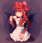 2020 5_fingers annoyed apron beverage black_sclera blush clothing cup demon demon_humanoid dress female fingers hair hi_res holding_beverage holding_object humanoid looking_aside maid_uniform membrane_(anatomy) membranous_wings not_furry red_eyes red_hair simple_background solo sony-shock tea_cup uniform winged_humanoid wings 
