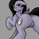  1:1 anus black_mane blush butt cutie_mark ears_down equid equine female feral genitals grey_background grey_body half-closed_eyes hasbro hi_res looking_at_viewer looking_back mammal mane my_little_pony narrowed_eyes pegasus pivoted_ears presenting presenting_hindquarters pussy simple_background smile solo starless_night_(whitepone) whitepone wings 