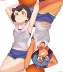  2girls :d absurdres animal_ears armpits arms_up artist_name ball basketball black_bra black_hair black_sports_bra blue_hair blue_shorts blush bra brand_new_animal breasts brown_hair character_request copyright_request crotch_seam dolphin_shorts eyebrows_visible_through_hair green_eyes hair_between_eyes highres holding holding_ball impossible_clothes impossible_hair impossible_shirt kagemori_michiru layered_clothing looking_at_viewer matching_outfit medium_breasts midriff_peek multicolored_hair multiple_girls navel once_11h open_mouth orange_eyes shirt short_hair short_shorts shorts simple_background sleeveless smile sports_bra symbol_commentary symmetry tank_top thighs two-tone_hair two-tone_shorts underwear upside-down white_background white_footwear 