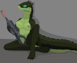  3_toes absurd_res anthro crocodile_skink female gun hi_res khaltee_perva lizard nipples nude ranged_weapon red-eyed_crocodile_skink reptile scalie simple_background sitting skink solo thegamingzilla toes weapon 