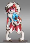  ambiguous_gender anthro black_claws blush bodily_fluids canid canine claws clothing confusion fangs fur hair hi_res lemington_(artist) lycanroc mammal midnight_lycanroc nintendo pink_eyes pink_sclera pok&eacute;mon pok&eacute;mon_(species) red_body red_fur shirt signature solo sweat toe_claws topwear video_games white_body white_fur white_hair 