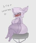  big_breasts blush bottomless breasts cleavage clothed clothing crossed_legs dialogue female furniture hi_res huarbodraw league_of_legends legwear not_furry riot_games short_stack simple_background sitting solo stool thick_thighs thigh_highs tristana_(lol) video_games white_background yordle 