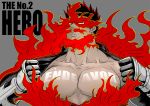  1boy abs bara beard bodysuit bodysuit_pull boku_no_hero_academia chest english_text facial_hair fire male_focus manly muscle mustache pectorals red_hair solo spiked_hair todoroki_enji upper_body 