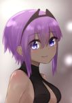  1girl bangs bare_shoulders black_bodysuit bodysuit breasts closed_mouth dark_skin eyebrows_visible_through_hair fate/prototype fate/prototype:_fragments_of_blue_and_silver fate_(series) hair_between_eyes hassan_of_serenity_(fate) highres i.u.y purple_eyes purple_hair short_hair sidelocks small_breasts smile solo upper_body 