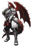  anthro big_breasts breasts clothed clothing dragon exeter female gun hi_res huge_breasts membrane_(anatomy) membranous_wings muscular muscular_female nipple_outline r2roh ranged_weapon red_body simple_background weapon white_background wide_hips wings 