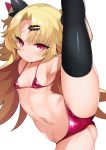  1girl akatsuki_uni armpits ass_visible_through_thighs bangs bikini black_legwear blonde_hair blush breasts closed_mouth covered_nipples groin hair_ornament highres long_hair looking_at_viewer micro_bikini navel parted_bangs red_bikini red_eyes shimejinameko simple_background small_breasts solo split standing standing_on_one_leg standing_split swimsuit thighhighs two_side_up uni_channel very_long_hair virtual_youtuber white_background 