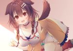  animal_ears anju_(mocomocousagi) blush braids breasts brown_eyes brown_hair cat_smile cleavage collar doggirl dress fang hololive inugami_korone kneehighs long_hair socks summer_dress tail twintails 