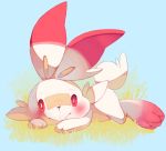  2019 ambiguous_gender blush fur grass looking_at_viewer lying lying_on_ground nintendo pok&eacute;mon pok&eacute;mon_(species) red_eyes scorbunny simple_background smile solo sony-shock video_games white_body white_fur 